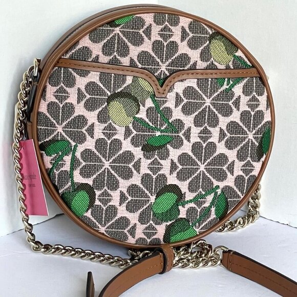Kate Spade Canteen Jacquard Cherry Brown Crossbody Round Small Leather Floral - Picture 2 of 11